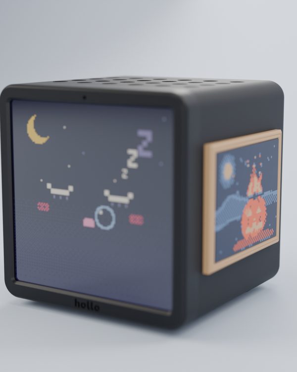 Rendered studio shot: a black Hollo with a framed pixel painting of a jack-o'-lantern, showing a sleeping face