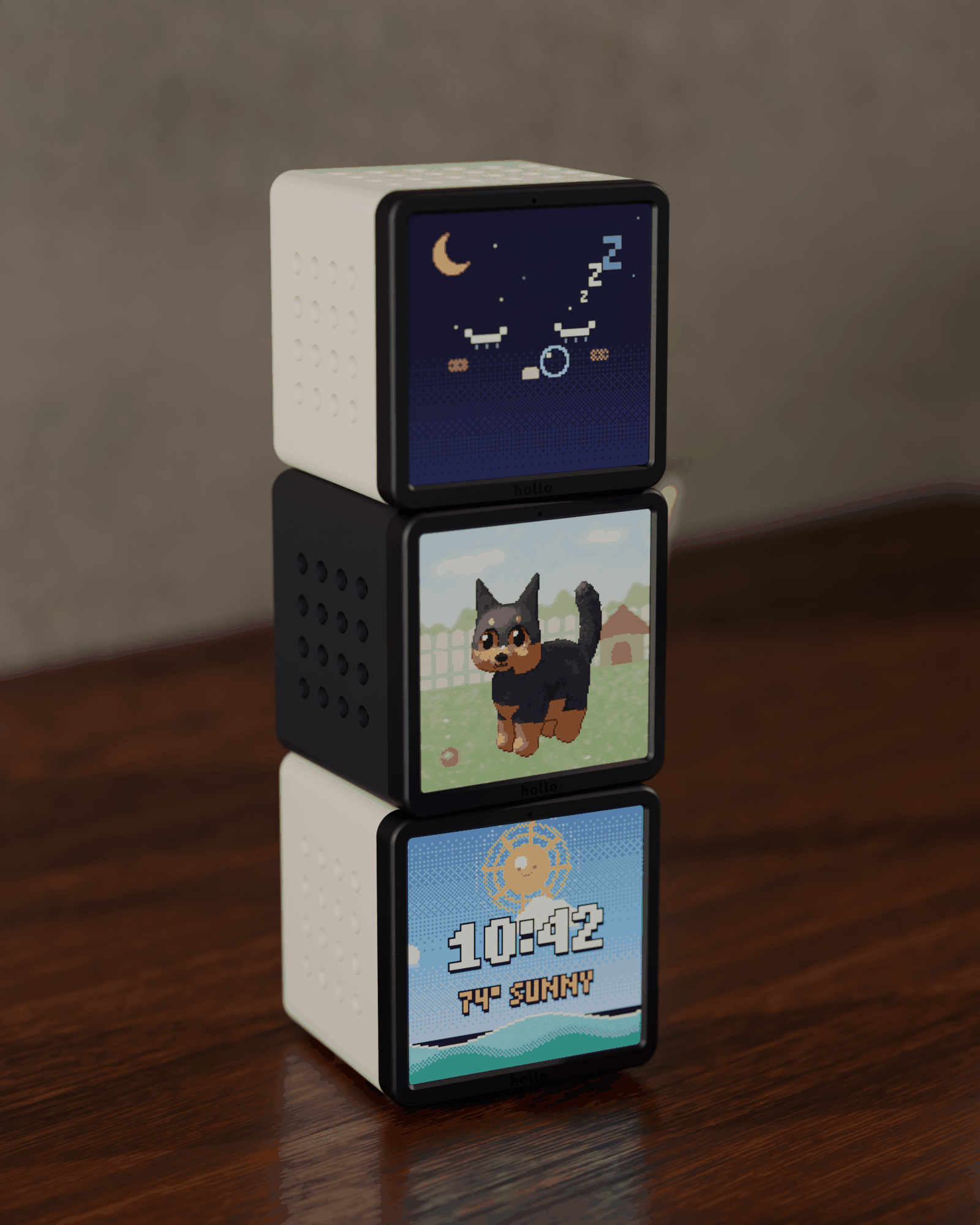 Rendered scene: three Hollo cubes stacked on a sunny desk, cream, black and cream, showing the clock with sunny weather, a pixel dog and a sleeping face
